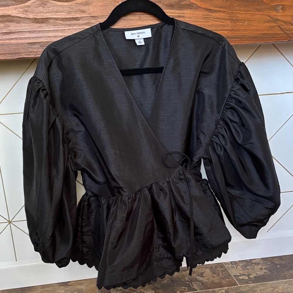 Kika Vargas Black Puff Sleeve Wrap Blouse